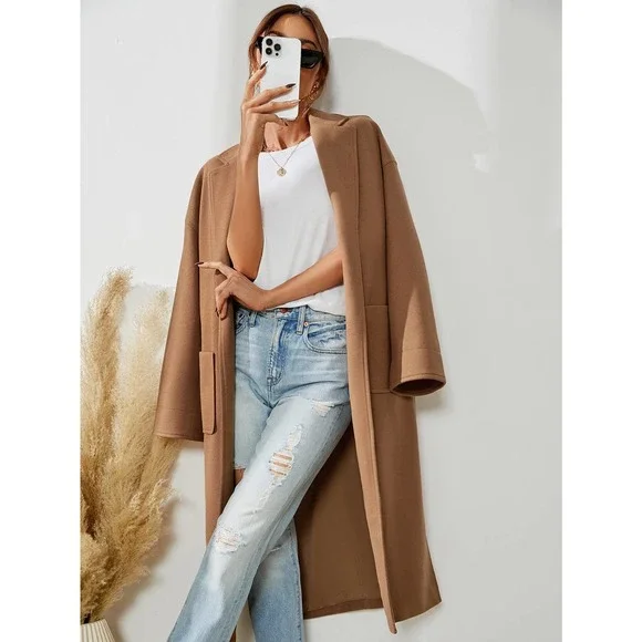 Camel tan brown pea coat Split Hem Overcoat - Picture 4 of 7